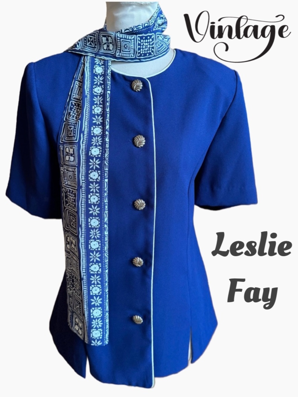 Vintage LESLIE FAY 2-piece Short Sleeve Blue Top and Scarf (Vintage 14/Medium)